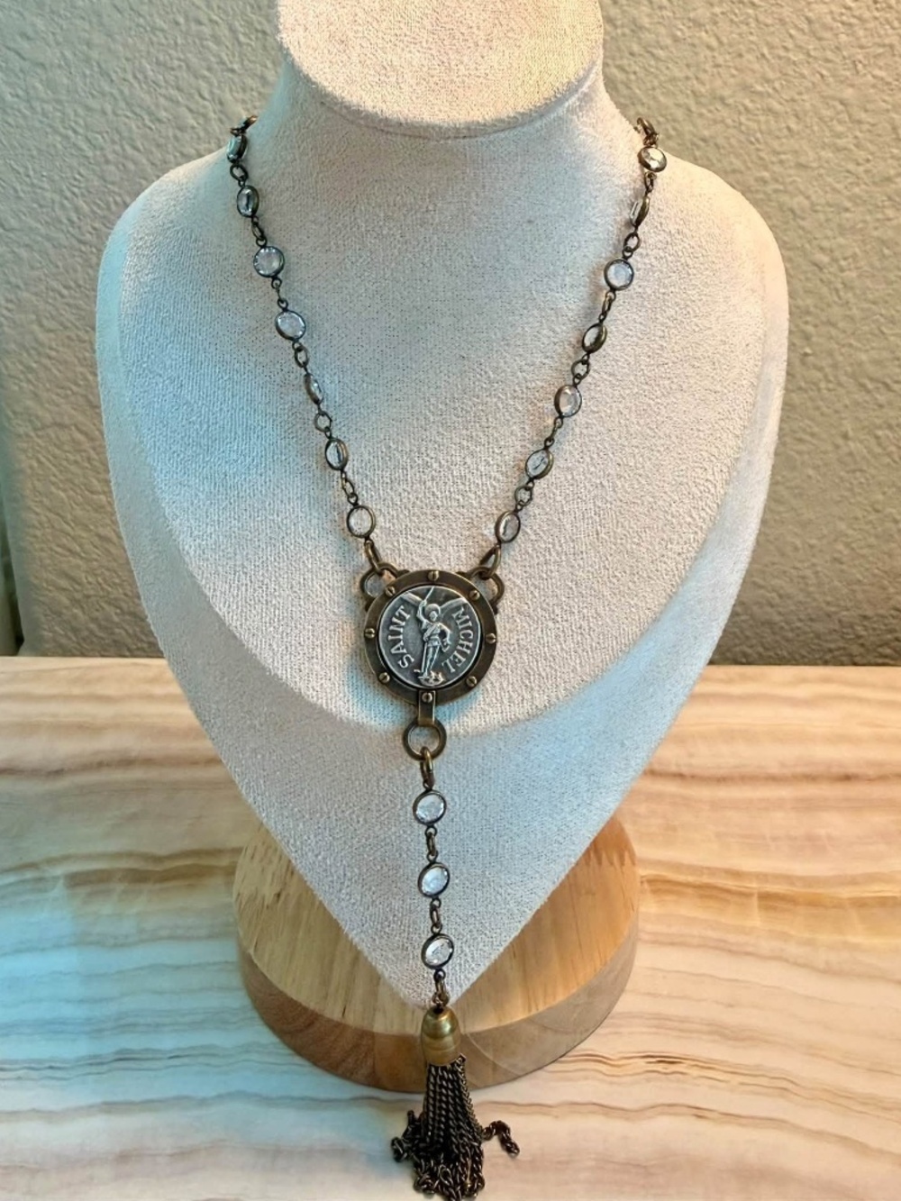 French Kande Mixed Metal Saint Michele Crystal & Chain Necklace